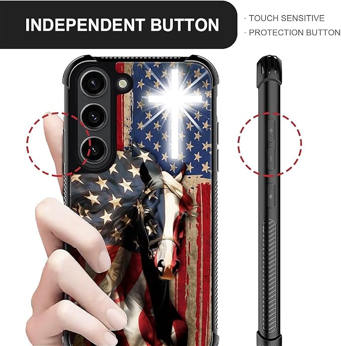 for Samsung Galaxy S23 Case, Red American Flag Horse Cross Pattern Graphic Design Girl Boy Soft Silicone Hard Acrylic Shock Protection for Samsung Galaxy S23