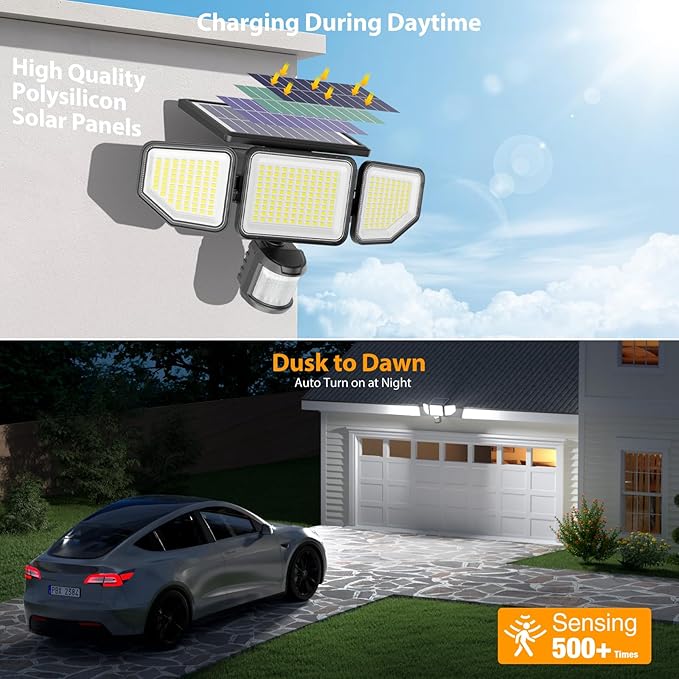 Onforu 4500LM Solar Lights Outdoor, 3 Heads Security Lights with Remote Control, IP65 Waterproof Motion Sensor Lights, 3 Modes Solar Light Fixtures for Wall, Porch, Yard, Outside, 1 Pack