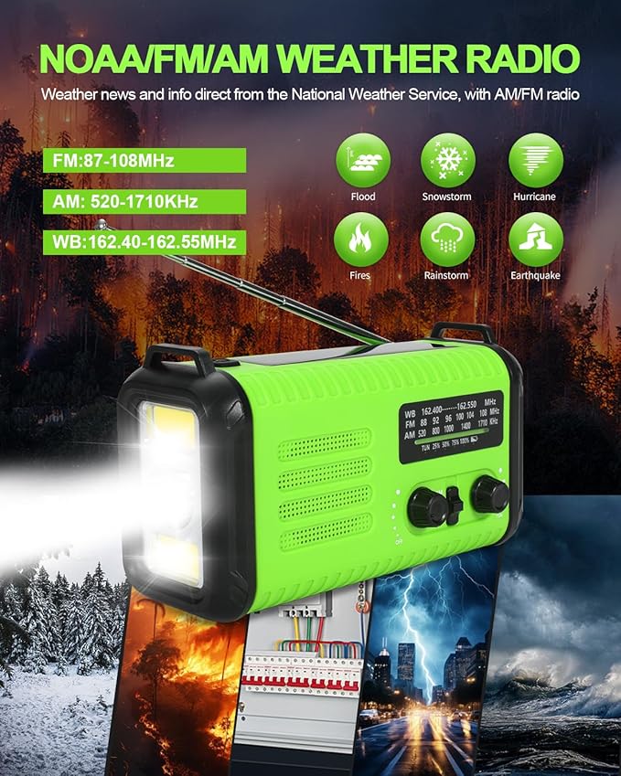Emergency Crank Radio, 20000mAh / 74000mWh Solar Hand Crank Weather Radio with NOAA/AM/FM, Battery Powered Radio with Cell Phone Charger, Flashlight & SOS for Emergencies/Home (Light Green)