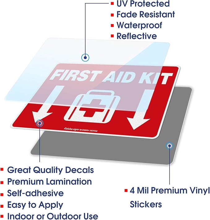 First Aid Kit Sticker, First Aid Kit Sticker Decal for Home, Schools and Business, 2 Pack, 10 x 7 inch Self-Adhesive Vinyl Decal Stickers, Reflective, UV Protected, Waterproof