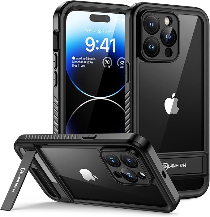 Lanhiem for iPhone 14 Pro Case with Kickstand, IP68 Waterproof Dustproof Case Built-in Screen Protector, Full Body Heavy Duty Shockproof Phone Cover for iPhone 14 Pro, 6.1 Inch (Black)