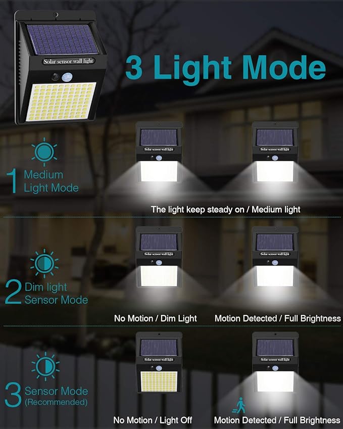 4 Pack Solar Motion Lights Outdoor, 3 Modes/100LED Solar Security Wall Lights Outdoor Wireless IP65 Waterproof for Front Door, Backyard, Garage, Deck