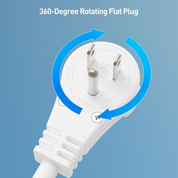 [ETL Listed] Cable Matters 2-Pack 16 AWG 360° Rotating Flat Plug Short Extension Cord - 1ft, 13A/1625W, Low Profile 3 Prong Power Extension Cords, NEMA 5-15P to NEMA 5-15R, White