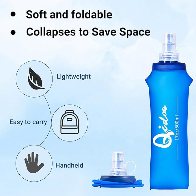 2PCS Soft Water Bottle, 17oz/500ml TPU Collapsible Flask Foldable Bottles for Hydration Pack, BPA-Free Soft Flasks Handheld Soft Flask Running Bottle for Running Hiking Cycling Climbing Traveling