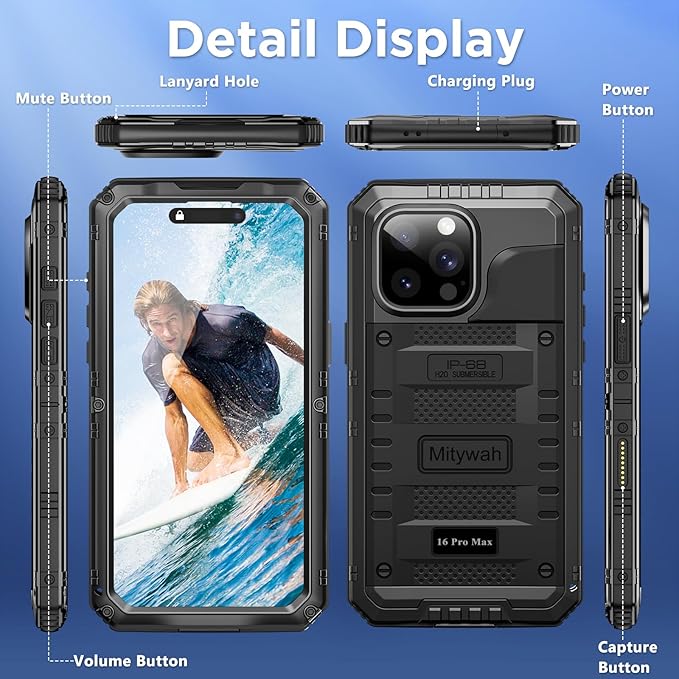Mitywah Waterproof Case for iPhone 16 Pro Max, Heavy Duty Metal Cover with Built-in Screen Protector, Military Grade Full Body Shockproof Rugged Protective Phone Case 6.9 inch, Black