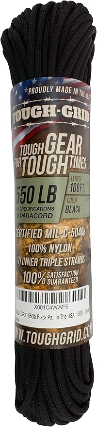 TOUGH-GRID 550 Paracord, Type III Mil-Spec Nylon Rope - 100 Ft Black Tactical Survival Cord
