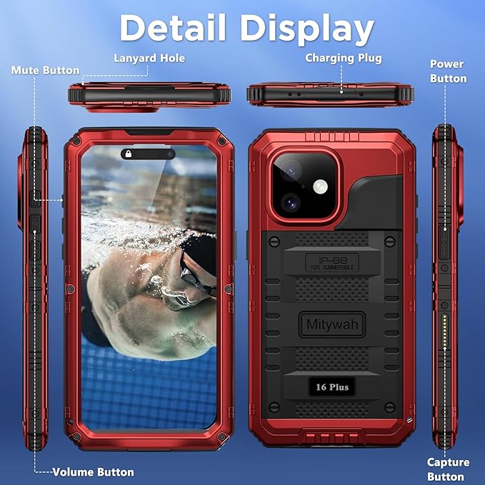 Mitywah Waterproof Case for iPhone 16 Plus, Shockproof Heavy Duty Case with Built-in Screen Protector, Underwater Full Body Protective Metal Case 6.7 inch, Red