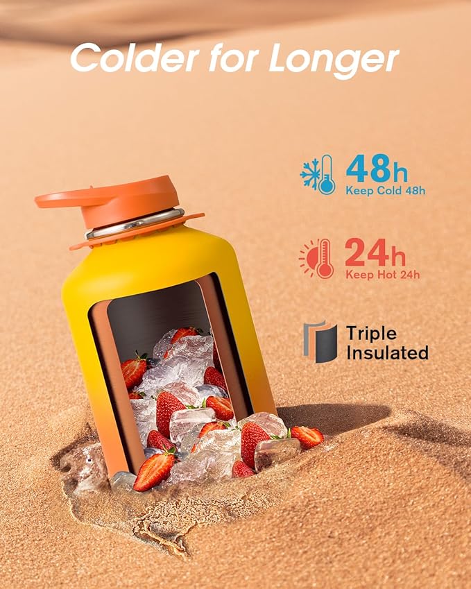 Coolflask Half Gallon Water Bottle with Strap, 64oz Insulated Water Jug Stainless Steel with Straw & Spout Lids, Metal Large Water Flask, Keep Cold 48h Hot 24h, Leak Proof, Non-BPA, Yellow/Orange