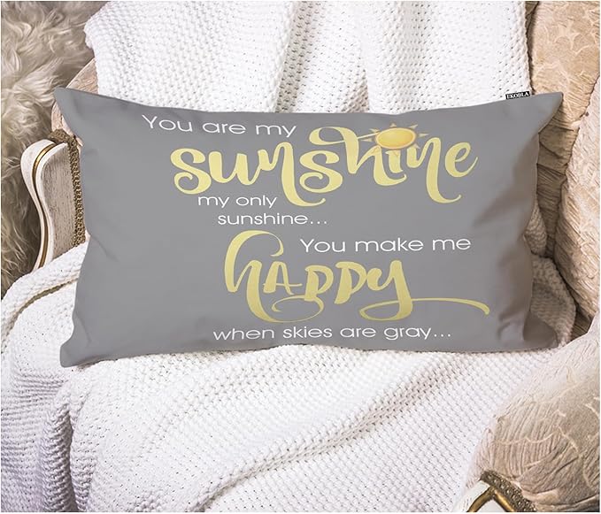 EKOBLA Motivational Phrase Pillow Cover You are My Sunshine Yellow On Gray with Words Cotton Linen Throw Lumber Pillow Case Cushion Cover Home Office Decorative 12x20 Inches