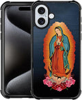 for iPhone 16 Case, Red Virgen Guadalupe Pattern Graphic Design Girl Boy Soft Silicone Hard Acrylic Shock Protection for iPhone 16