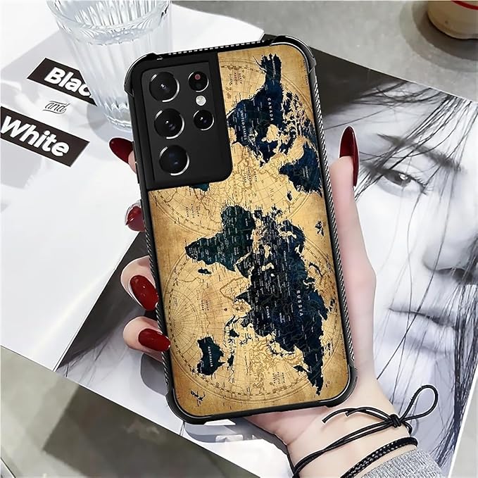 for Samsung Galaxy S21 Ultra Case, Brown World Map Pattern Graphic Design Girl Boy Soft Silicone Hard Acrylic Shock Protection for Samsung Galaxy S21 Ultra