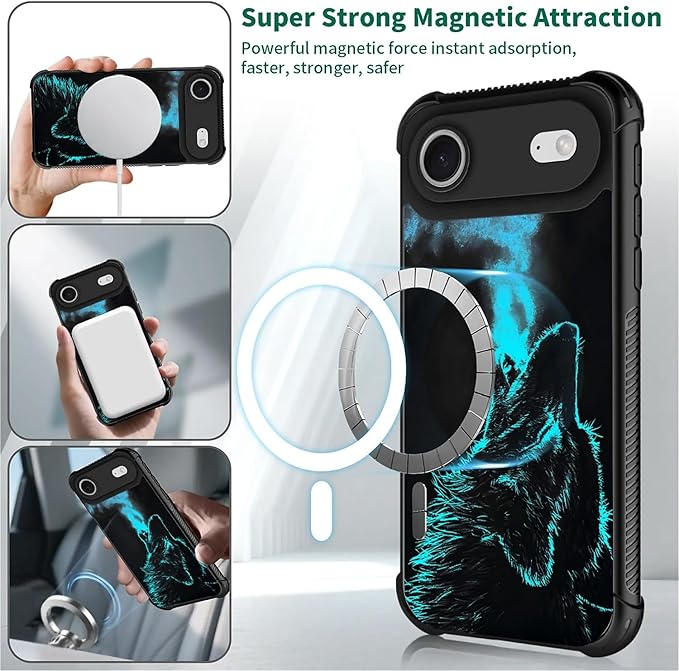 for iPhone 17 Air Case,for MagSafe Graphic Design for Girl Boy Soft Silicone Hard Acrylic Shock Protection Designed for iPhone 17 Air Blue Breathing Wolf Pattern