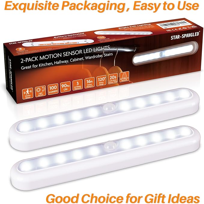 STAR-SPANGLED 11” Motion Sensor Lights Indoor AA Battery Operated, Stick on LED Light for Closet, Stairs, Under Cabinet, Kitchen, Cool White, 2 Pack