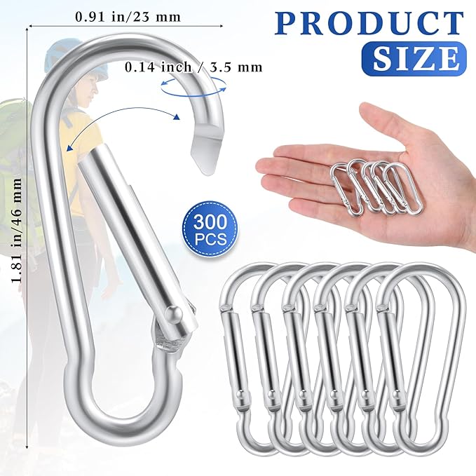 Yaocom 300 Pcs 2" Carabiner Bulk Small Carabiner Clip for Keys Spring Snap Hooks Aluminum Alloy Keychain Clip for Hanging Camping Backpacking Hiking Traveling Fishing Outdoor