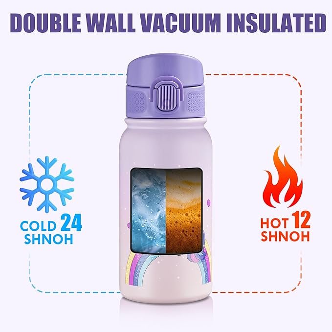 OLDLEY 12oz Kids Water Bottle, Stainless Steel Insulated Water Bottle For Kids, With Straws Leak-proof, Kids Water Bottles For School Boys Girls,Magic Unicorns