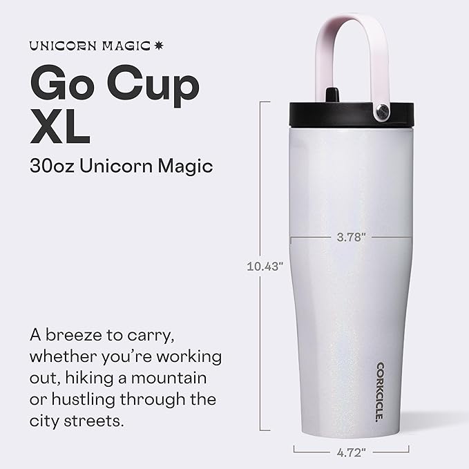 Corkcicle Go Cup XL - Leak-Proof Travel Tumbler - Triple Insulated Stainless Steel Water Bottle - Easy-Carry Handle - Summer Drinkware Gift - Keeps Drinks Ice Cold - 30 oz - Unicorn Magic