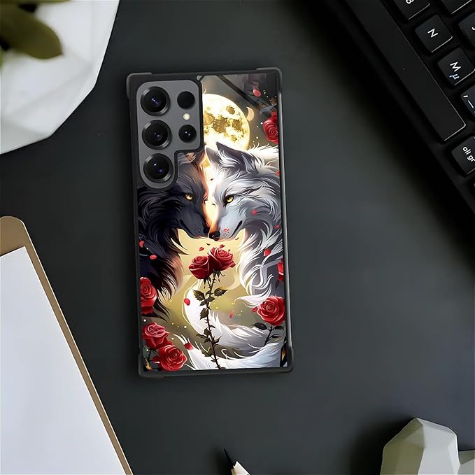 for Samsung Galaxy S25 Ultra Case,Graphic Design for Girl Boy Soft Silicone Hard Acrylic Shock Protection Designed for Samsung Galaxy S25 Ultra Black White Wolf Moon Flower Rose Pattern