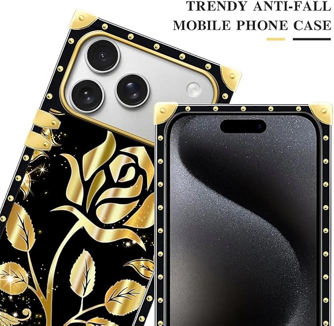 for iPhone 17 Pro Case Luxury Golden Decoration for Girl Women Soft TPU Shockproof Protective Hard PC Back for iPhone 17 Pro Crazy Pattern Shine Gold Rose