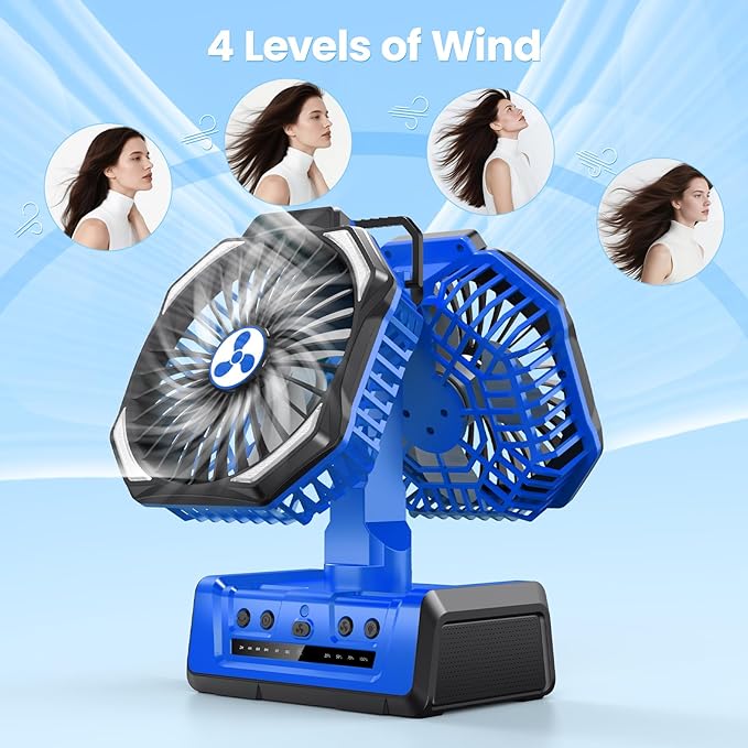 Dual Head Portable Rechargeable Fan 20000mAh Battery Powered Camping Fan Cordless with LED Lantern & Remote, Auto Oscillation, Hook, Battery Operated for Tent Office Travel Picnic Jobsite Orange