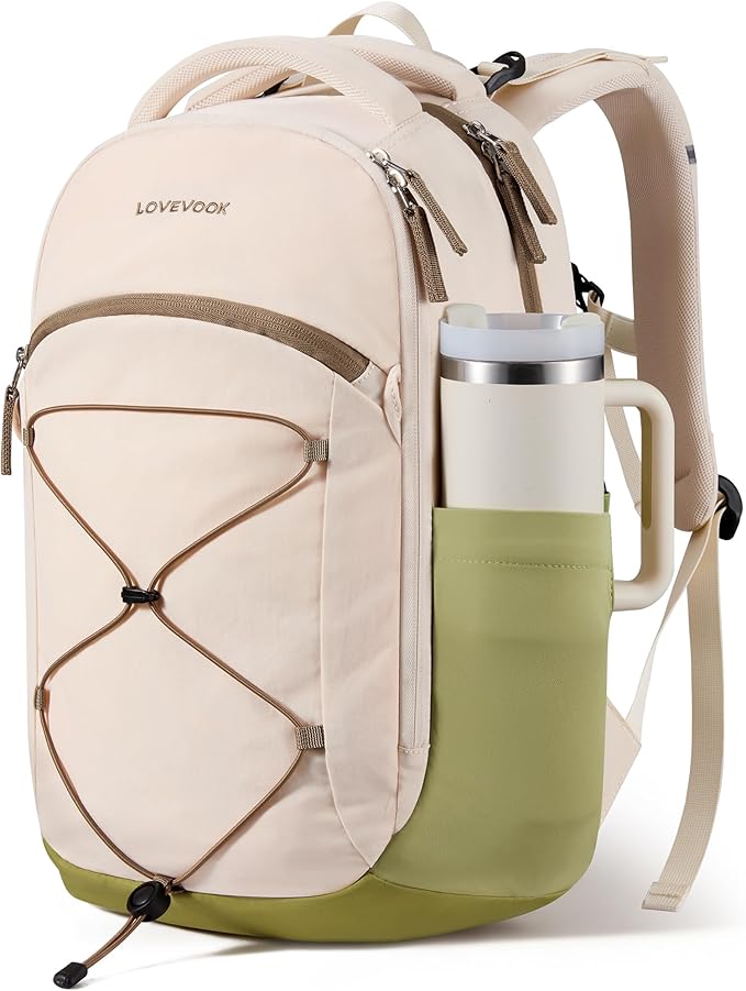 LOVEVOOK Everyday Laptop Backpack for Women & Men With Tumbler Holder,15.6 Inch Classic Travel Work College Teacher Carry on Backpack Purse,Waterproof Computer laptop Bag Hiking Backpack,Beige-Green