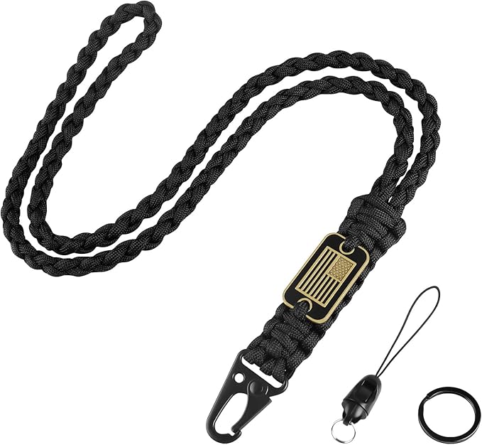 Paracord Key Lanyard for Men Black Neck Lanyard for Keys with Cool USA Flag, Long Heavy Duty Braided Keychain Lanyard for Wallets, Keys, Whistle，Camera, Phone, Outdoor Activities