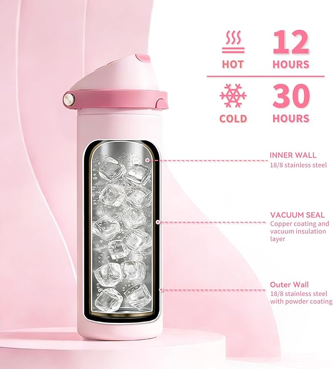 24 oz Insulated Water Bottle with Straw, Stainless Steel Water Bottle with 2-in-1 Push-Button Spout & Quick-Flip Straw, Fits Car Cupholder, Leakproof, for Gym, Travel, School, Camping, Pink