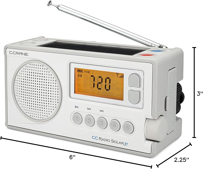 C. Crane CCRadio Solar with Bluetooth Receiving, Emergency Crank NOAA Weather AM/FM– Multi Powered Radio - Built in LED Flashlight and Cellphone Charger