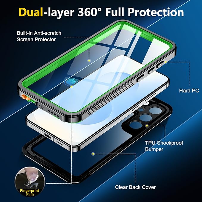 SPIDERCASE Designed for Samsung Galaxy S25 Case Waterproof,Built-in [ Screen + Camera Lens Protector][IP68 Underwater] Full Protection Heavy Duty Shockproof Anti-Scratched Phone Case, Green