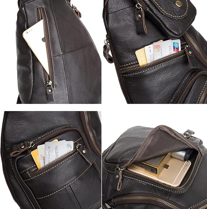 Hebetag Vinatge Leather Sling Bag Crossbody Backpack for Men Travel Outdoor Hiking Large Cool Shoulder Chest Pack Bags Daypack