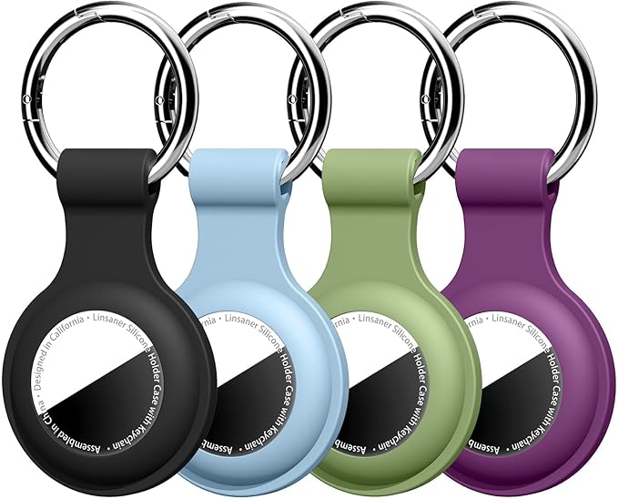 Linsaner [4 Pack] Holder for AirTag 2nd Gen (2026) & 1st Gen, Silicone Case Keychain Key Ring, Protective Cover for Apple for Air Tags, GPS Finder Accessories, Black/Grey Blue/Teal Green/Dark Purple