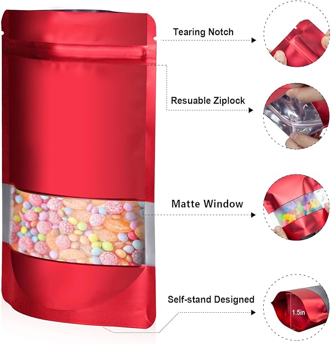 3.5"x5" 120pcs Mylar Bags for Food Storage,Smell Proof Bag with Matte Window Resealable Food Storage Bags for Small Business, Stand-up Foil Pouch Packaging Freeze Dried Candy Bag(Red)
