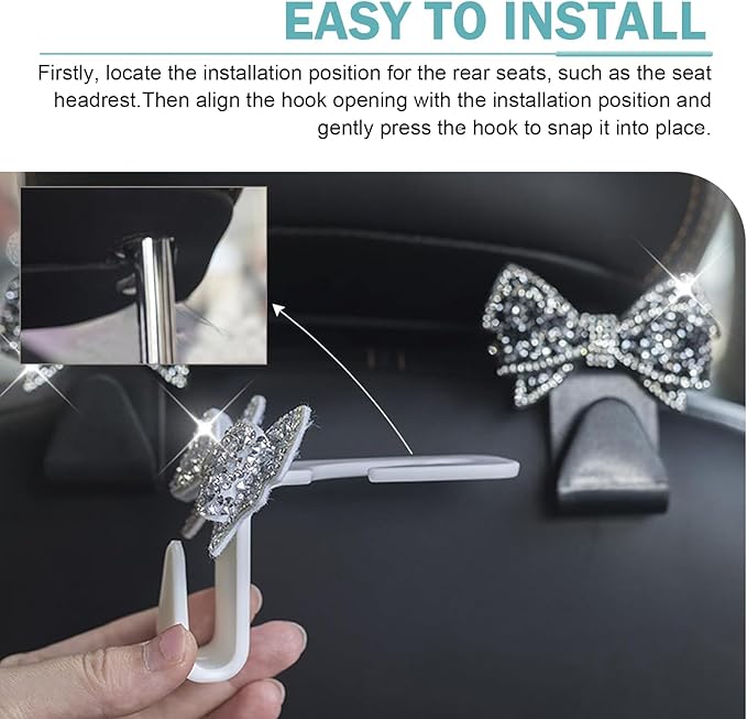 2 PCS Bling Bow Car Seat Headrest Hooks, Cute Rhinestone Bow Car Seat Back Storage Decor Hook, Multi-Purpose Rear Hanger Holder for Bags, Purse, Clothes (White)