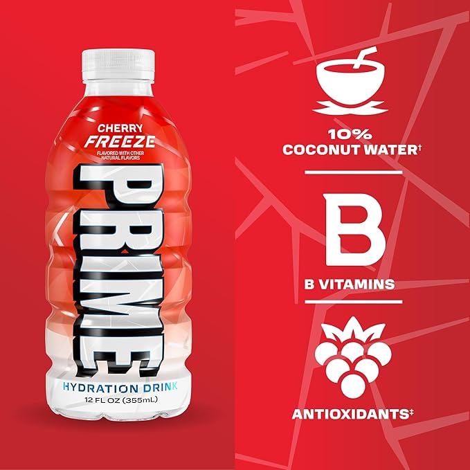 PRIME Hydration Cherry Freeze & Future Freeze Sports Drinks with Coconut Water, Electrolyte Enhanced to Replenish Fluids, Zero Added Sugar, B Vitamins, Antioxidants, Natural Flavors, 12 Fl Oz 24 Pack