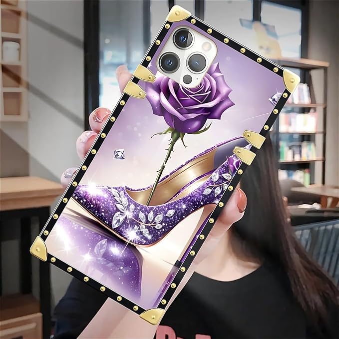 Compatible with iPhone 12 Pro Max Case, High Heeled Purple Diamond Rose Luxury Golden Decoration for Girl Women Soft TPU Shockproof Protective Hard PC Back for iPhone 12 Pro Max