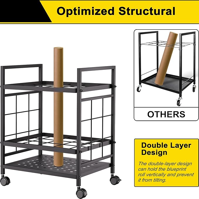 Blueprint Storage Rack, Blueprint Holder with Wheels, Used for Storing Blueprint/Carpet/Map/Poster/Architectural Construction Plan, 20 Slots(3.2" x 3.2"), Silent Wheel for Home, Office, School(Black)