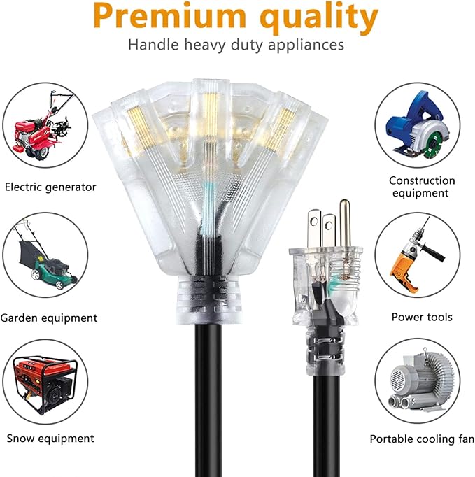 100 FT 12/3 Extension Cord Heavy Duty Black 3-Outlet Indoor/Outdoor SJTW Lighted 12-Gauge Grounded Power Cable,12AWG 15 Amp, 1875 Watts，UL Listed，Safety