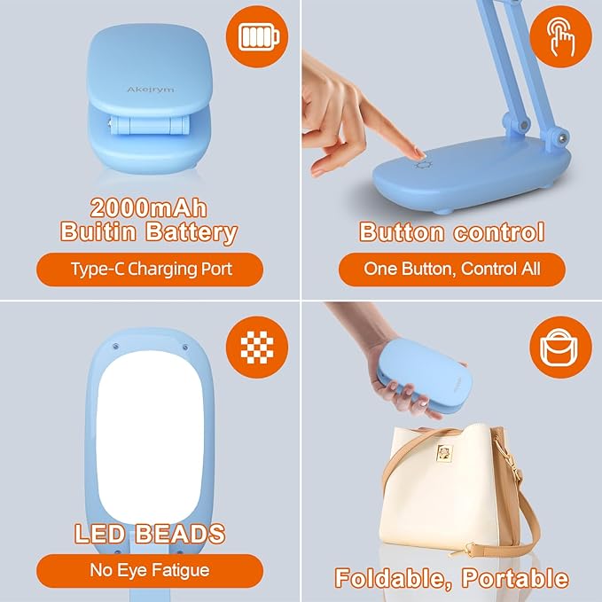 Akejrym LED Desk Lamp for Office & Home, Battery Operated, Foldable & Portable Light, 2-Fold Bracket, 3 Brightness Dimmable, Wireless Reading Lamp (Blue)