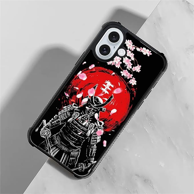 for iPhone 16 Case, Sakura Japanese Samurai Pattern Graphic Design Girl Boy Soft Silicone Hard Acrylic Shock Protection for iPhone 16