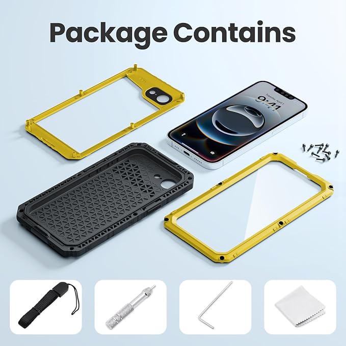 Mitywah Waterproof Case for iPhone 16e and for iPhone 17e, Shockproof Heavy Duty Case with Built-in Screen Protector, Underwater Full Body Protective Metal Case 6.1 inch, Yellow