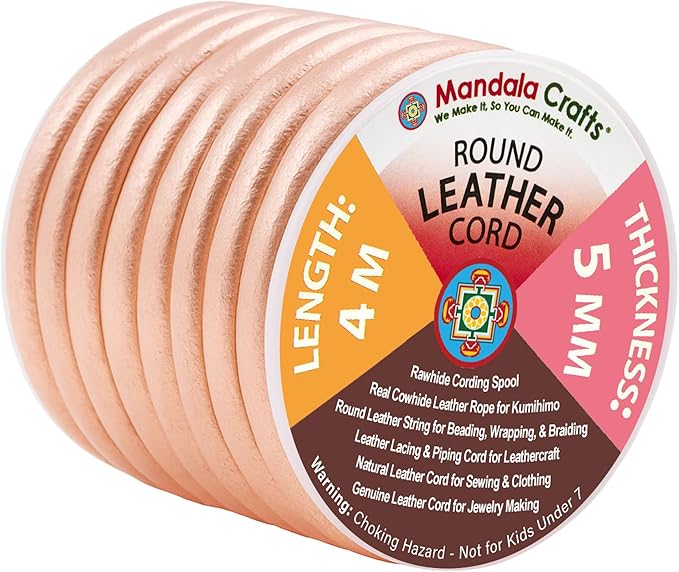 Mandala Crafts Round Genuine Rose Gold Leather Cord for Jewelry Making – 5mm Cowhide Leather Rope String Lace for Kumihimo – 4.4 Yards Cowhide Craft Cording Spool
