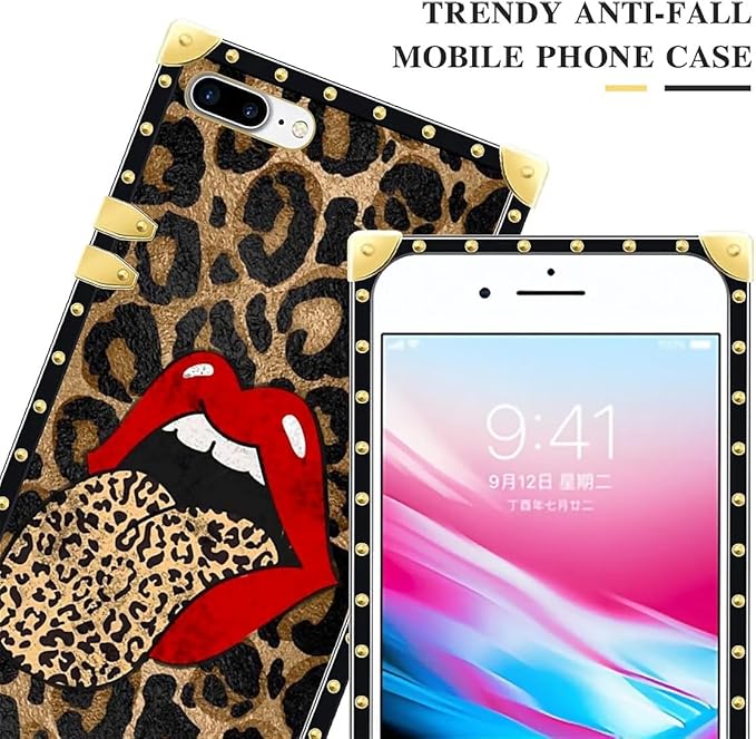 Compatible with iPhone 8 7 SE Case, Brown Leopard Print Mouth Luxury Golden Decoration for Girl Women Soft TPU Shockproof Protective Hard PC Back for iPhone 8 7 SE