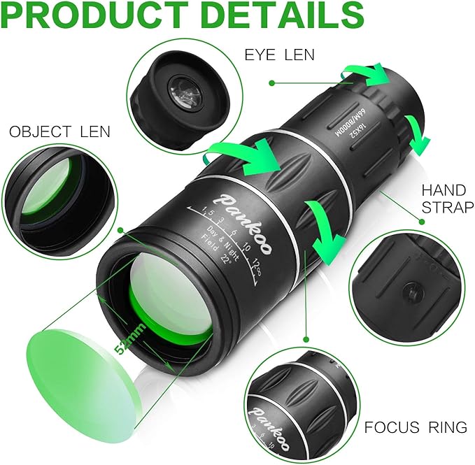 High Powered 16X52 Monocular Telescope for Adults - 2025 Power Prism, Compact HD Scope, Suitable for Gifts, Outdoor Activities, Concert, Travelling & Bird Watching
