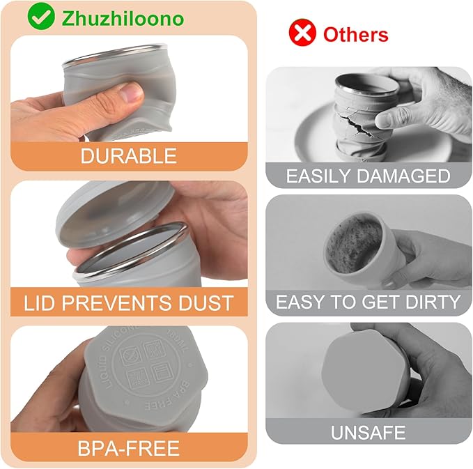 Collapsible Travel Cup with Lid (6oz/180ml) - BPA Free Silicone Folding Cup with Stainless Steel Rim - Portable Pocket Cup for Mouthwash, Pills, Hiking, Camping & Kids(Elegant gray)