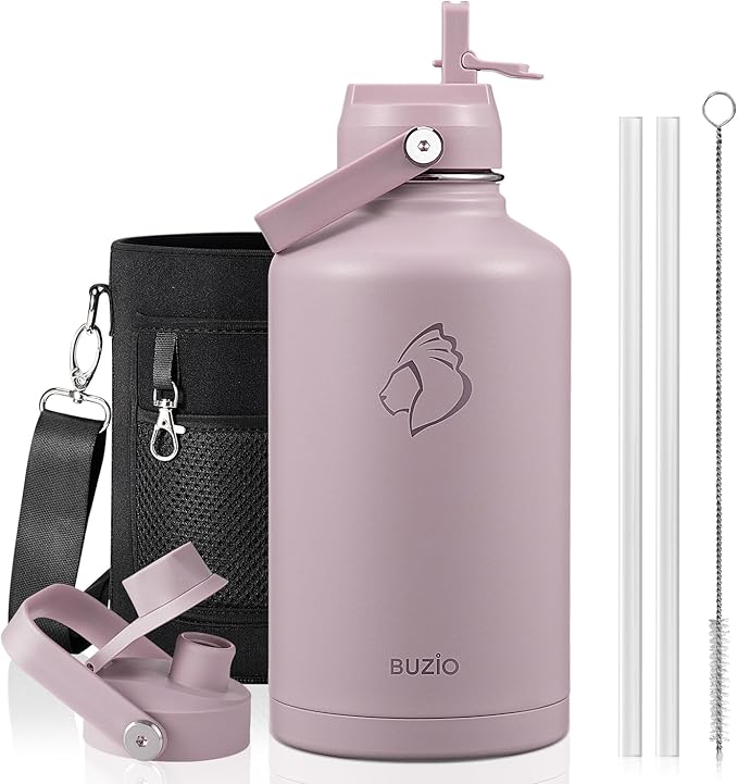 BUZIO 64oz Insulated Water Bottle, Half gallon Stainless Steel Jug (Cold for 48 Hrs), Triple Wall Vacuum Large Metal Flask with Leakproof Straw Lid and Carry Sleeve, Purple