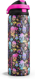 Encool SwiftSip Insulated Stainless Steel Water Bottle with Straw - Leak Proof Sports Water Bottle for School, Travel, Keeps Cold All Day, One-Touch Flip Lid, BPA-Free, 32 oz, Trippy Skulls