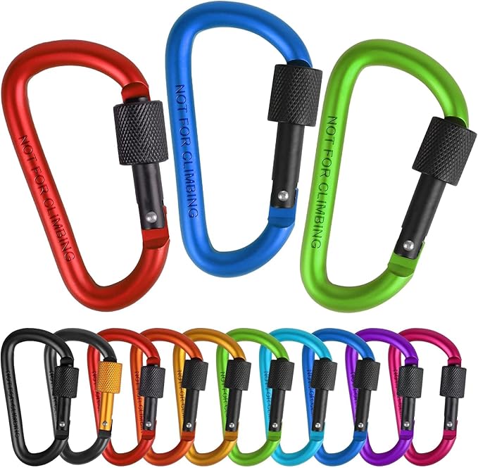 10 Pack Aluminum D Ring Key Rings Clips Locking Carabiner for Camping Fishing and Outdoor Use，Clips with Screw Gate Multicolored