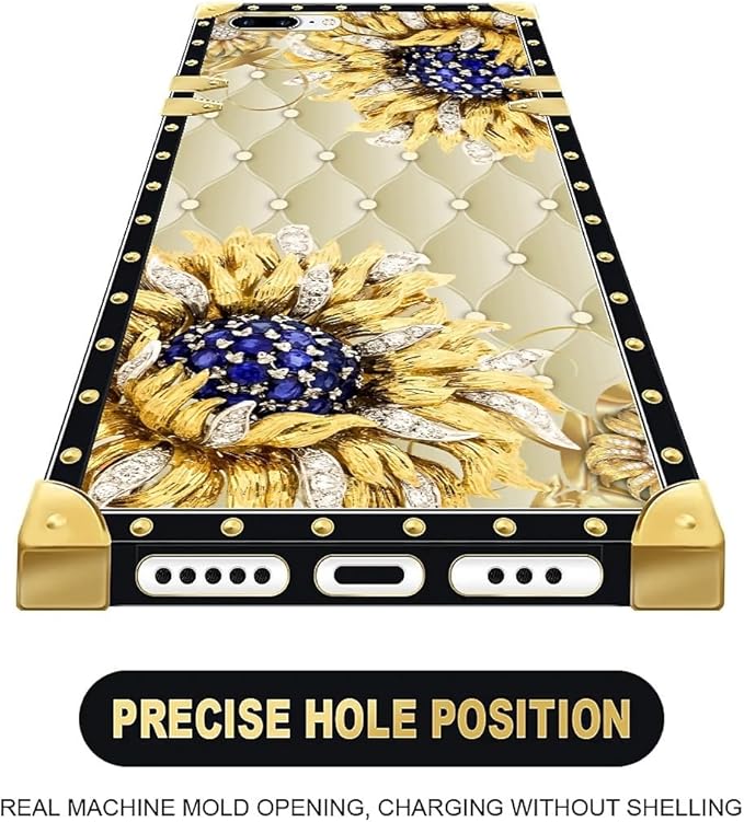 Compatible with iPhone 8 7 SE Case, Sunflower Diamonds Leather Luxury Golden Decoration for Girl Women Soft TPU Shockproof Protective Hard PC Back for iPhone 8 7 SE