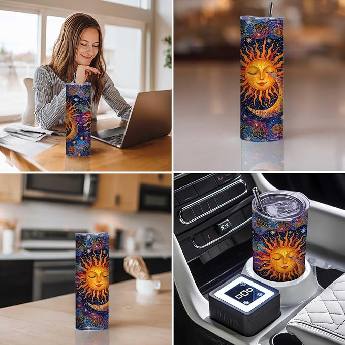 Firmiso 20 oz Tumbler | Skinny Insulated Travel Mug with Leak-proof Lid and Telescopic Straw | Sun and Moon Celestial Stainless Steel Coffee Cup | Christmas Gifts for Women and Men