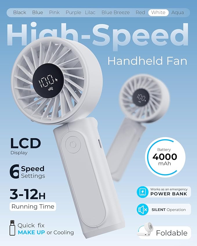 Peiyuu Handheld Portable Fan, 4000mAh USB Rechargeable Personal Fan, 180° Foldable Mini Desk Fan with 6 Wind Speed, LCD Digital Display, Lanyard as Neck Fan, Ultra Quiet