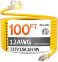 12 Gauge 100 FT Heavy Duty Outdoor Extension Cord Waterproof with Lighted End,Yellow 12 Gauge Extension Cord Flexible and Cold Resistant 3 Prong Grounded Plug,15Amp 1875W SJTW ETL Listed